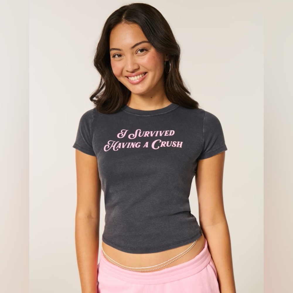 NWT Hollister I Survived Having a Crush Graphic Baby Tee Black Shine Size Medium
